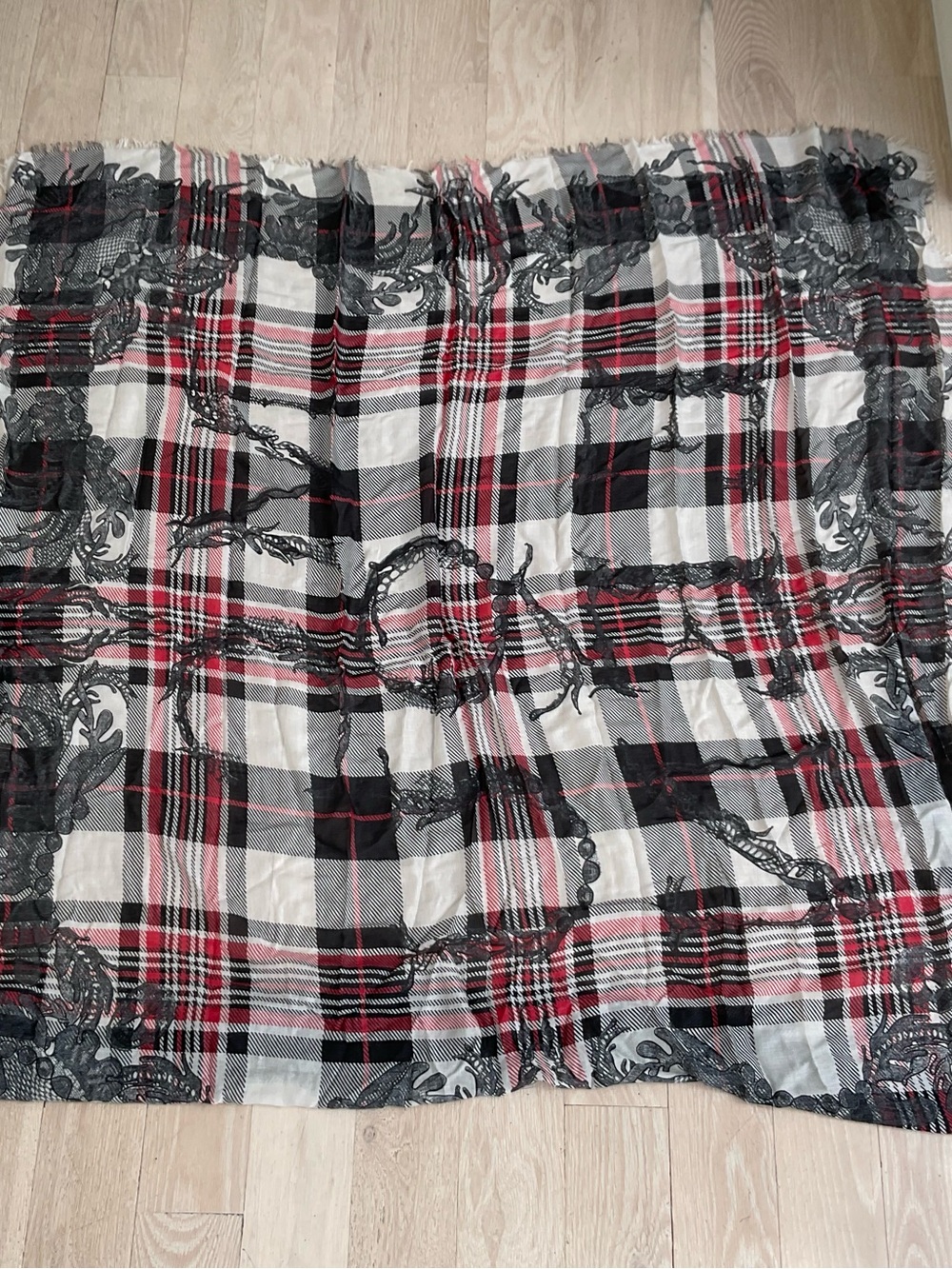 Alexander McQueen Red, Black and White Plaid Lace-Accent Scarf